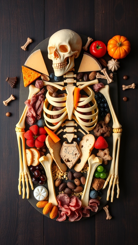 Halloween Skeleton Charcuterie Board Recipe A Halloween skeleton charcuterie board with cheeses, meats, fruits, and spooky decorations.